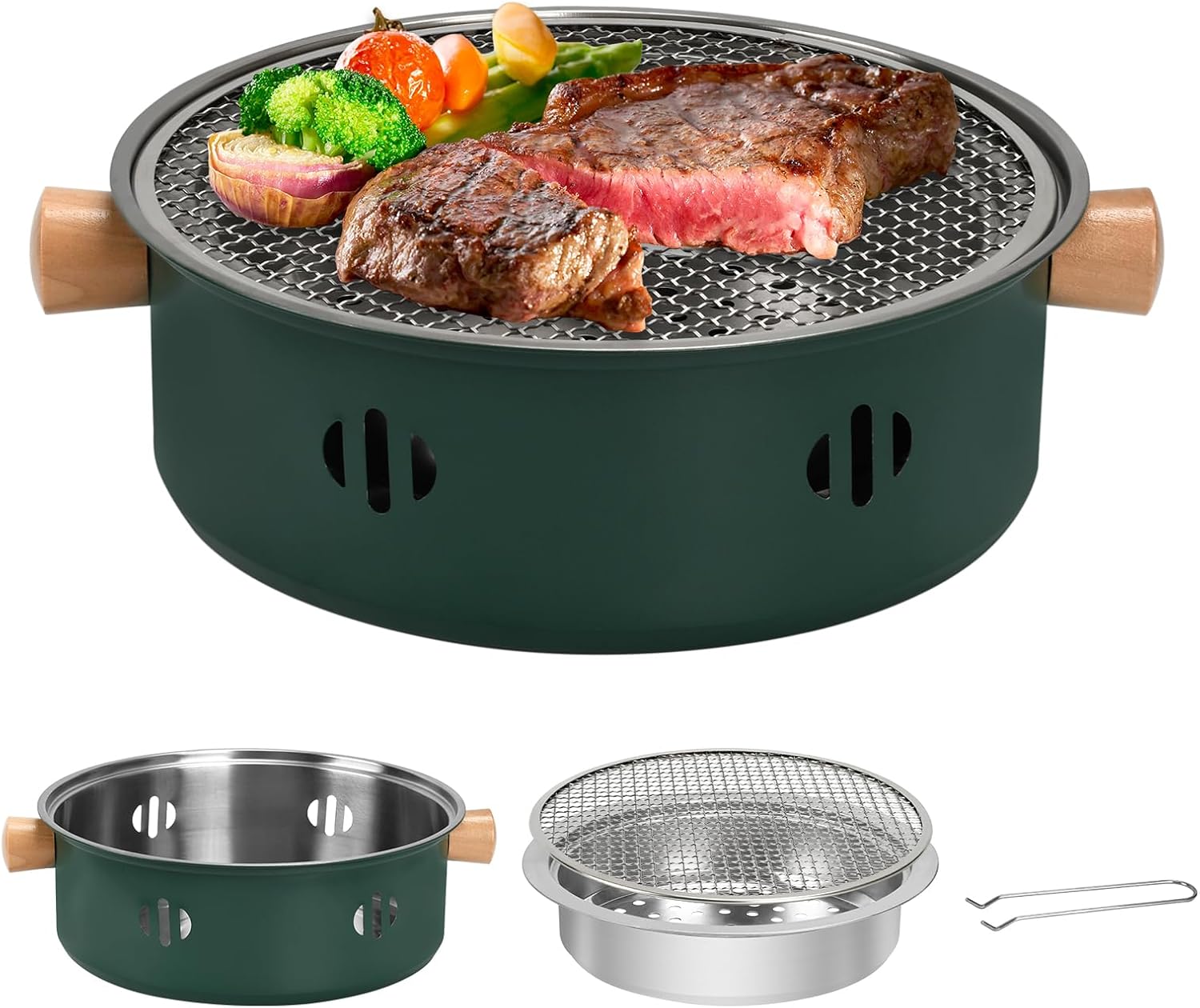 71Hi6w8LezL._AC_SL1500_.jpg Portable Round Tabletop Charcoal BBQ Grill, Mini Multifunctional, Green - Image 1