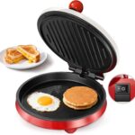 3-in-1 Electric Griddle & Sandwich Maker, 8" Round, 180° Open, Red/Beige
